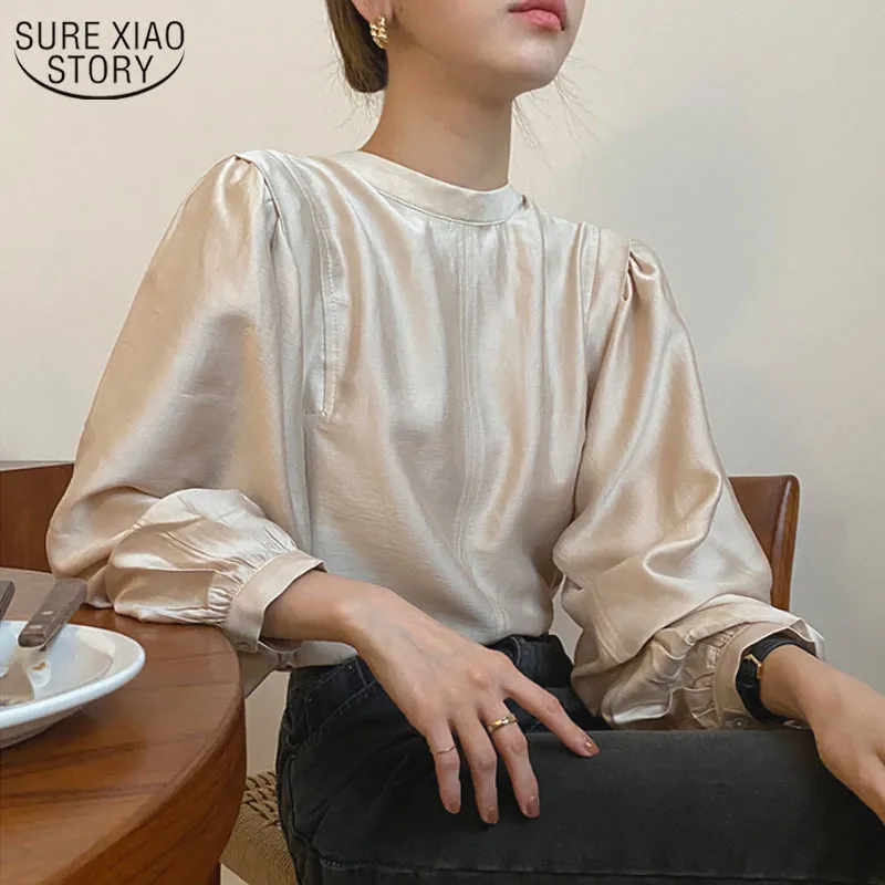 Pleated Shirt Autumn and Winter Womens Tops Blouses O-neck Loose Puff Sleeve Bottoming Plus Size Women Clothing 12424 210508