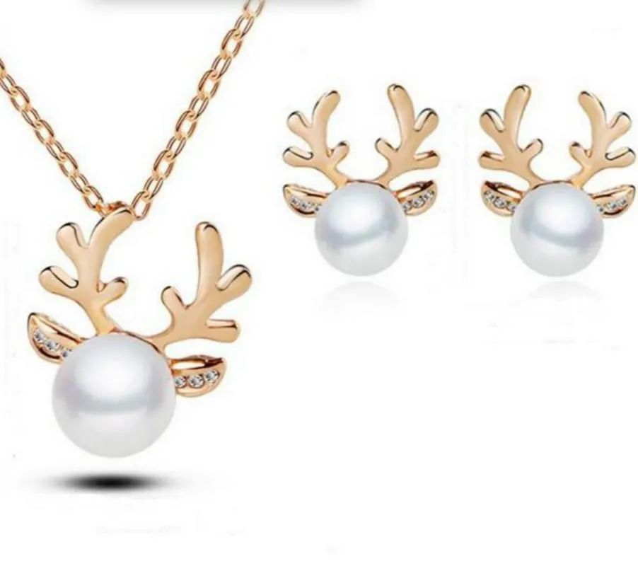 Earrings & Necklace Simulated Pearl Jewelry Sets CZ Antlers Christmas Tree Gold/Silver Plated Statement