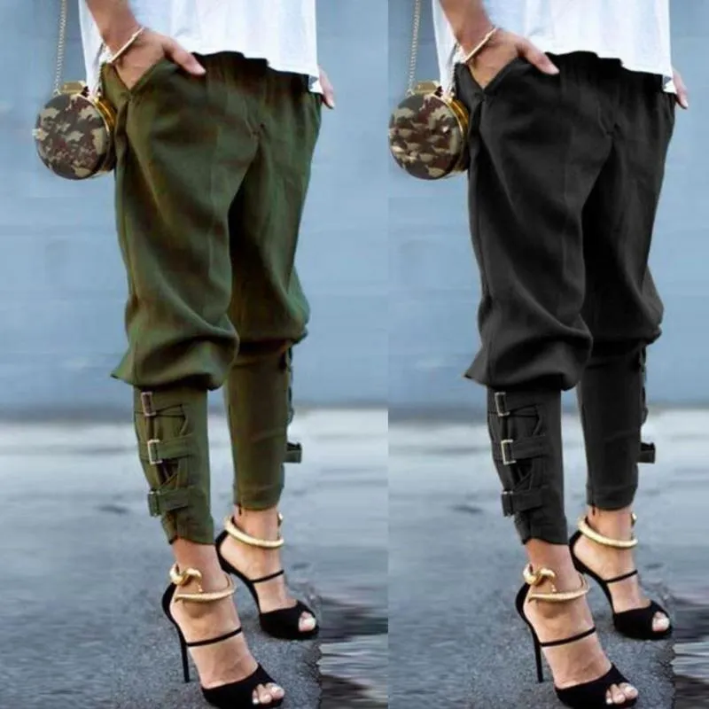 Solid Color Buckle Straps Long Harem Pants Casual Women Loose Trousers Elastic Waist Length Pant Women's & Capris