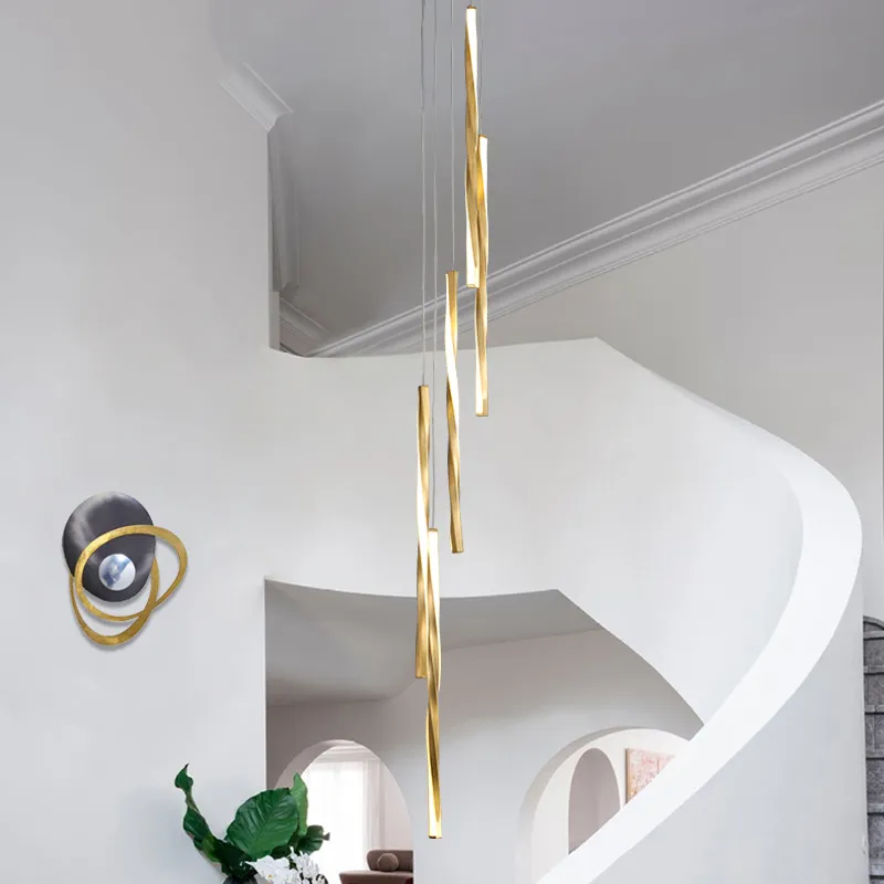 Moderna ouro levou lâmpada pingente lustre luz para cozinha barra 110v 220v staircase duplex suspensão longa girar iluminação lustre gota pendurado lâmpadas lâmpadas sala de jantar