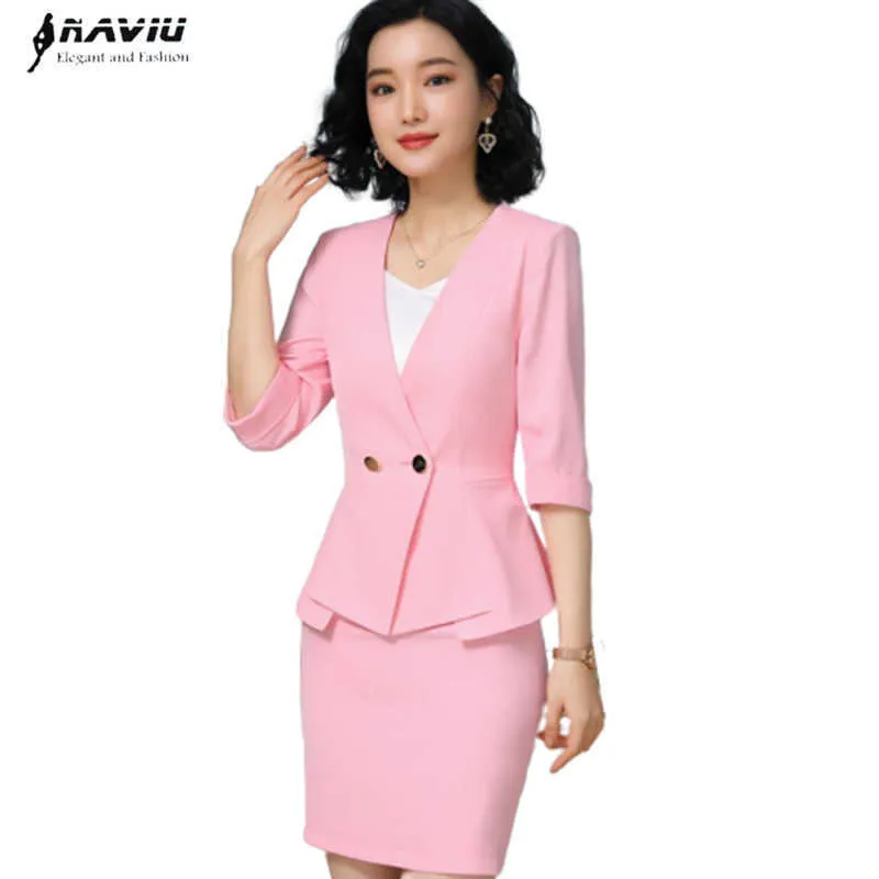 Elegant Mulheres Rosa Formal Terno Profissional Mola Meia Manga Slim Blazer e Saia Escritório Senhoras Trabalho de Trabalho 210604