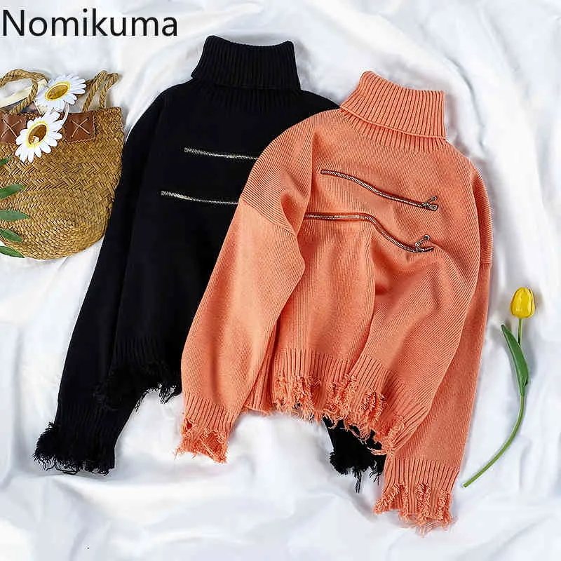 Nomikuma Turtleneck Tassel Short Pullover Knitwear Korean Zipper Women Knitted Tops Autumn Winter Solid Pull Jumpers 6C368 210427