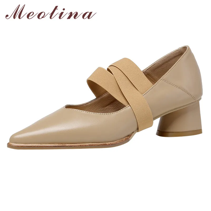 Meotina Real Leather Mid Heel Ankle Strap Shoes Women Pointed Toe Pumps Cross Tied Chunky Heels Shoes Dress Footwear Black 40 210520