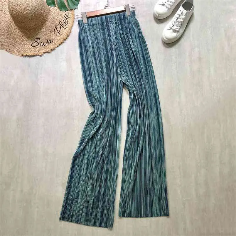 Summer Women Wide Leg Pants Loose High Waist Pleated Stripes Mop