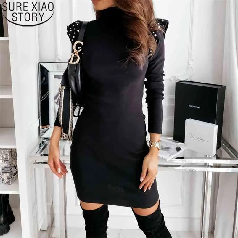 Women Knitted Dresses Turtleneck Beading Fashion Knit Black High Waist Above Knee Vestidos Feminino 12683 210506