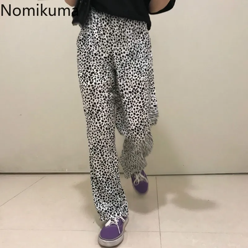 Nomikuma Estilo Coreano Retro Streetwear Leopard Impresso Calças Mulheres Solta Cintura Alta Calças Casuais Reta Pantalones 3D054 210514