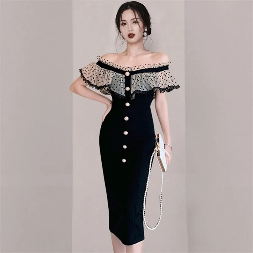 Korea Summer Moda Sexy Dot Mesh Ruffles Slash Neck Bodycon One-Breasted Office Ołów Sukienka Vestido Feminino 210519