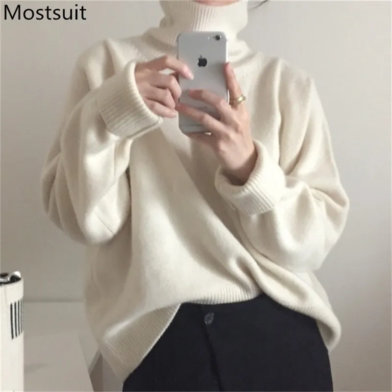 Koreanska Turtleneck Stickad Pullover Tröja Kvinnor Vinter Långärmad Solid Casual Fashion Ladies Toppar Jumpers Femme 210513