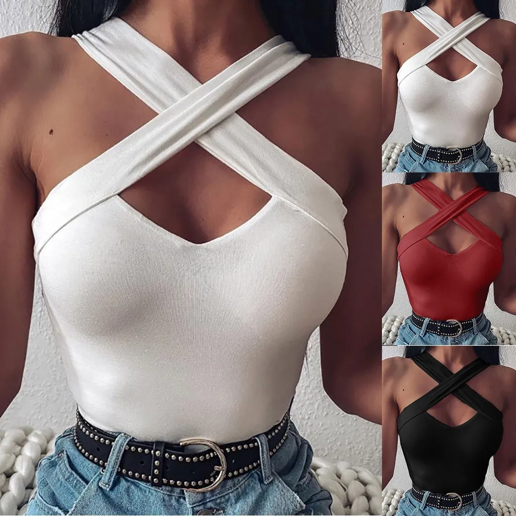 Nieuwe Mode Vrouwen Sexy Tank Top Strand Mode Cross SleevelSolid Vest Blouse Hollow Shirt Tops Casual Vest Tops X0507
