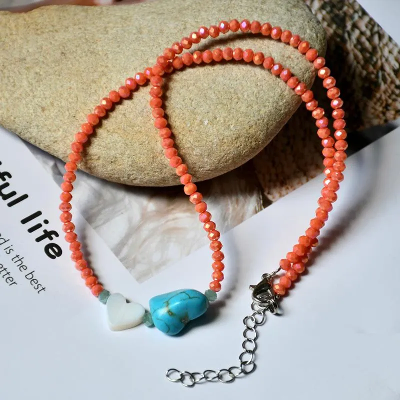 Chokers Fashion Coral Red Crystal Beads Necklace Turquoise Charm Natural Shell Heart Pendant Women Anniversary Choker Jewelry Gifts