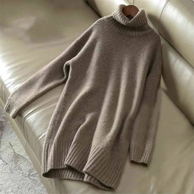 Sweater Cashmere Femmes Turtleneck Pull en laine tricotée longue en vrac épais de mode chaude occasionnel pour femmes 210918