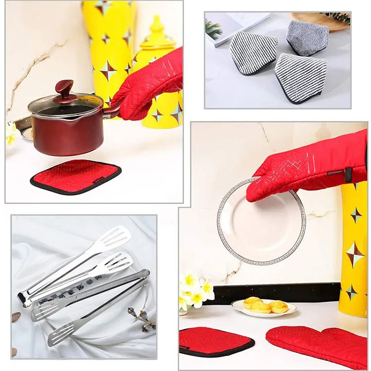 Oven Mitts red Plastic heat-insulating Polyester cotton material gloves potholders of one piece kitchen microwave supplies