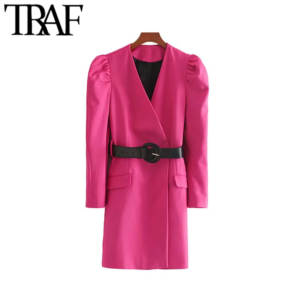TRAF femmes Vintage élégant tenue de bureau avec ceinture Mini robe mode col en V manches bouffantes femmes robes Vestidos Mujer 210415