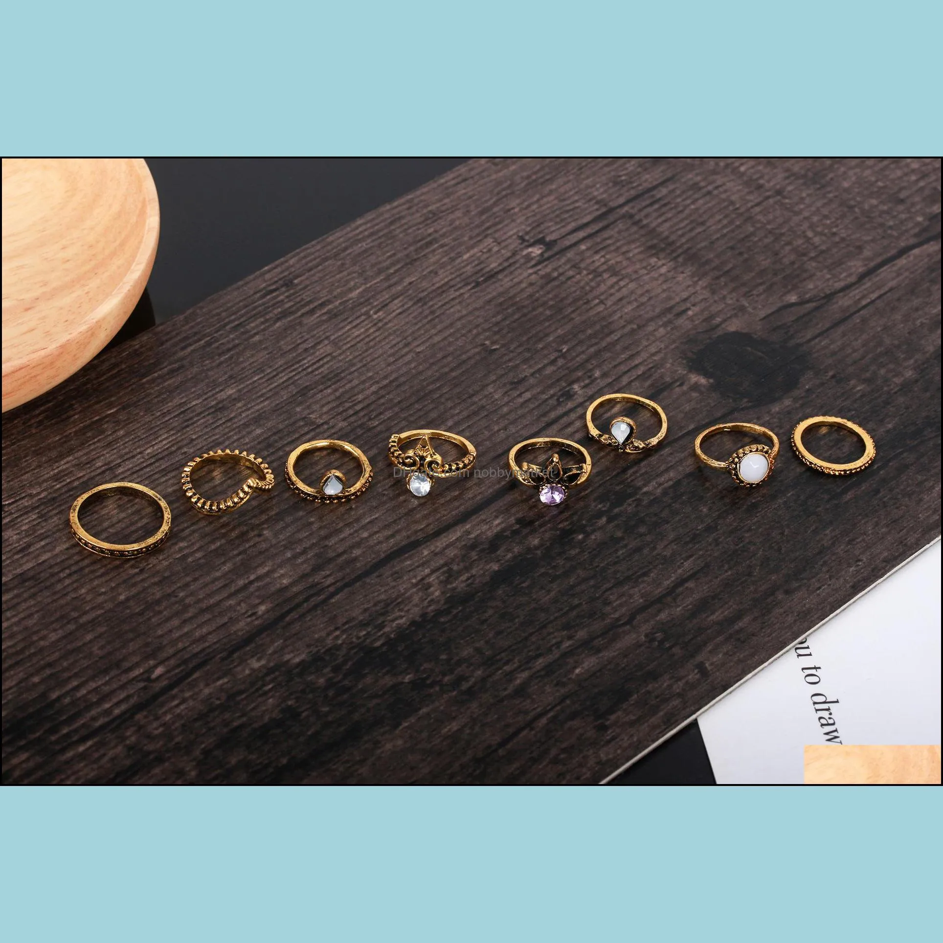 8pcs/set Vintage Midi Rings Crown White gem Bronze brass Knuckle Ring Ethnic Carved Boho Midi Finger Rings For men&women Fashion