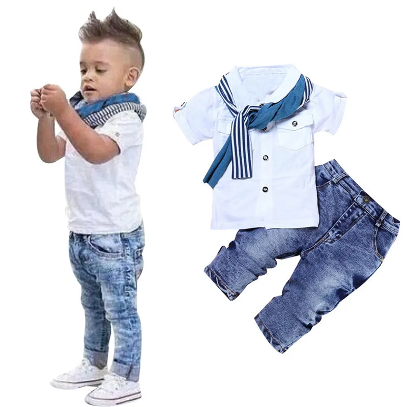 Babyjongenskleding Casual T-shirt Sjaal Jeans 3-delig Kinderkleding Set Zomer Kinderkostuum voor 2-7 jaar