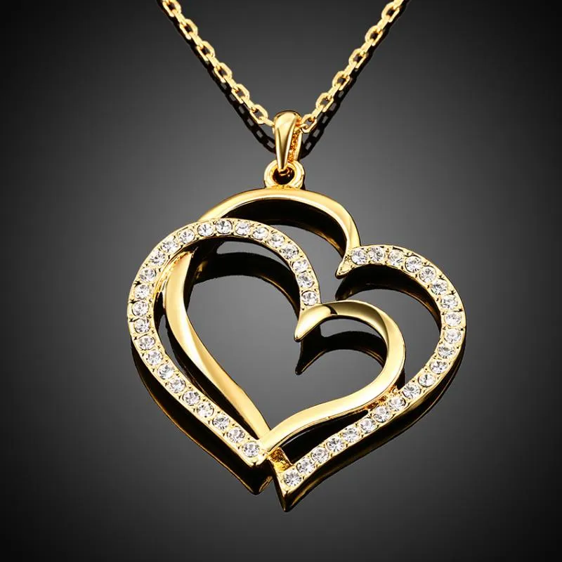 Hängsmycke Halsband Guldfärg Halsband Double Heart With Crystal Justerbara långa kedjor för kvinnor gåva