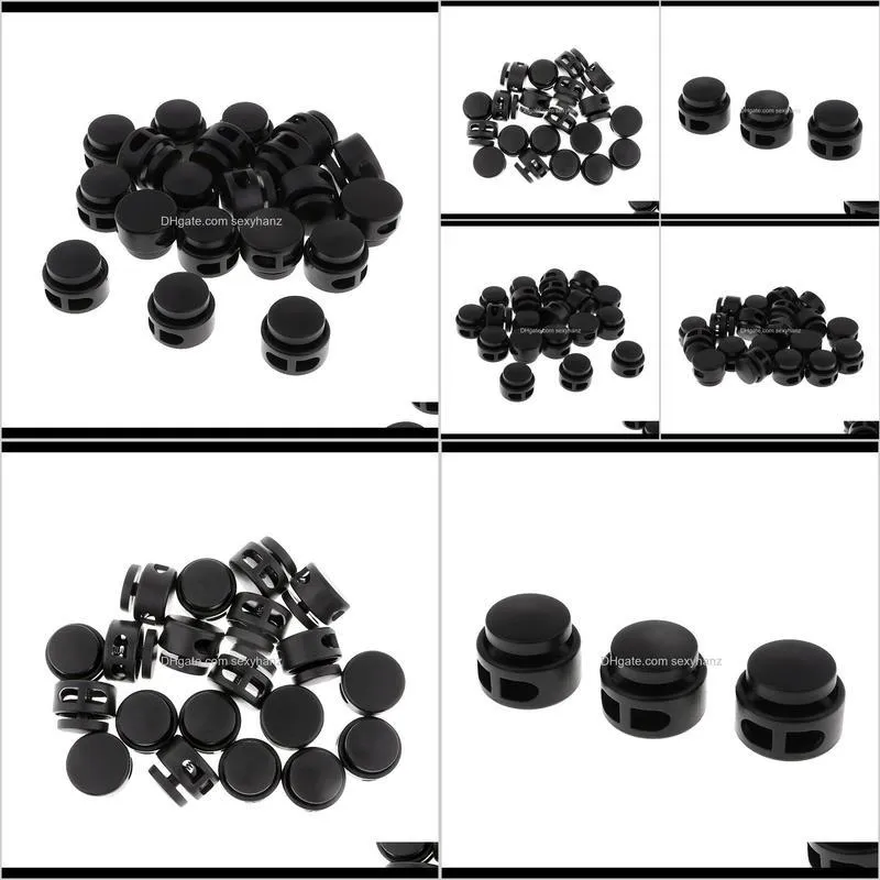 20pcs drawstring toggle spring-stop round double hole cord lock black (hole diameter 10mm)