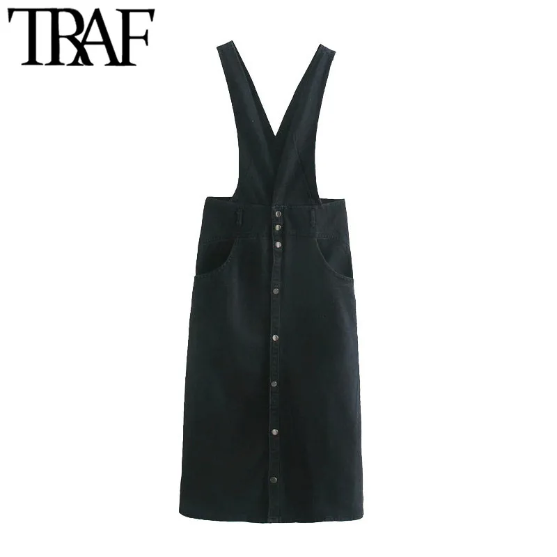 TRAF Женская мода кнопка джинсовой джинсовой подвески MIDI платье старинные спинки боковые карманы ремни женские платья mujer 210415