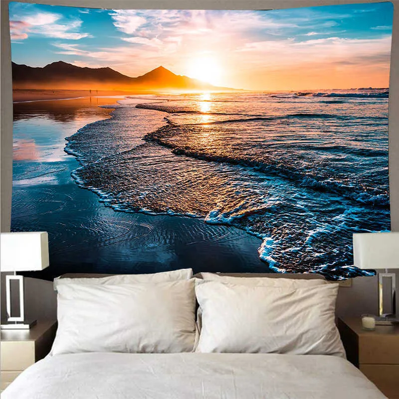 Sea View Tapestry Beach Wall Hanging Beautiful Sunset Psychedelic Background Sky Picnic Blanket Home Decor Large Size 230X150CM 210609