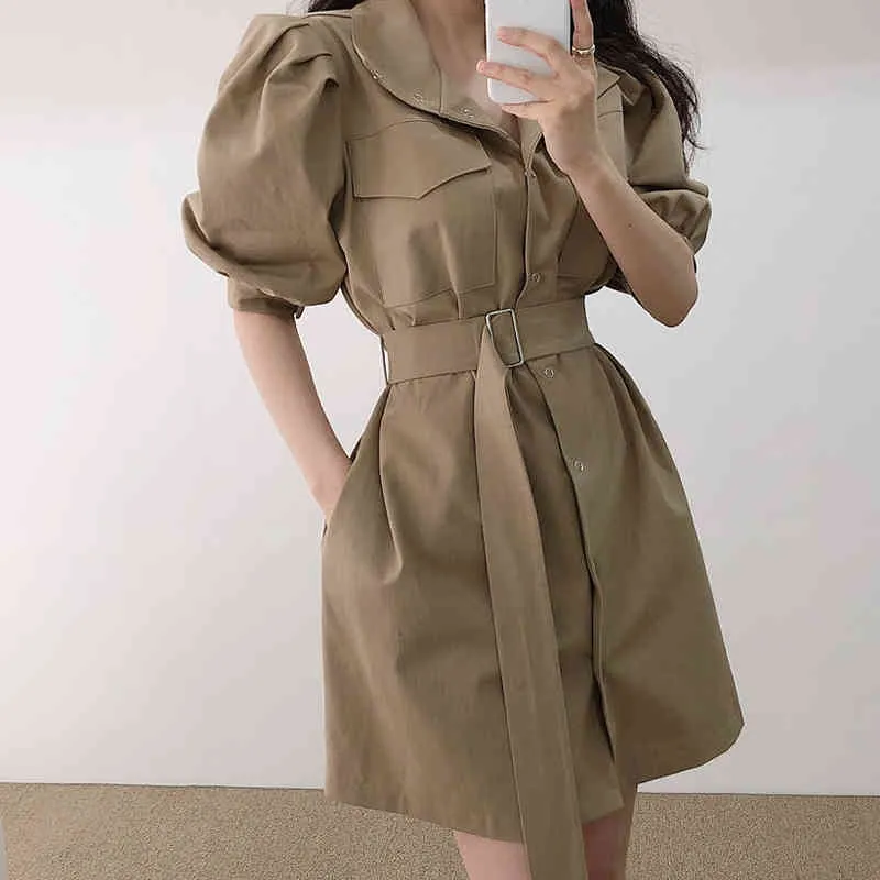 Summer Casual Women's Vintage Dress Robe Solid Color Lapel Waist Puff Sleeve Tooling With Belt Female Korean Clothing 210514