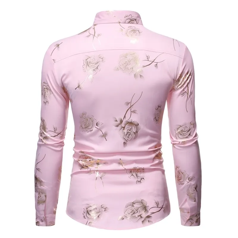 Rose Floral Gold Print Slim Fit Pink Long Sleeve Shirt for Men - Stylish Long Sleeve Dress for Club, Party, Wedding - Camisa Social 210522