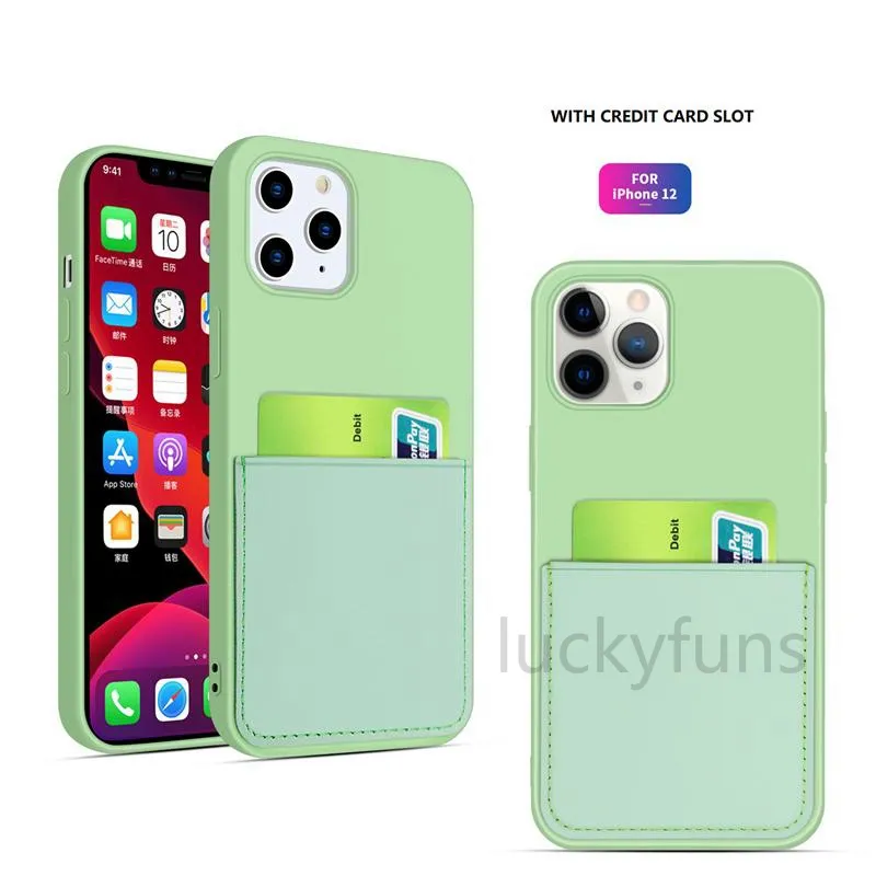 Liquid Silicone Credit Card Holder Wallet Phone Cases for iPhone 12 mini 11 Pro x xr xs Max SE 6 7 8 Plus candy color Shockproof Cover bag