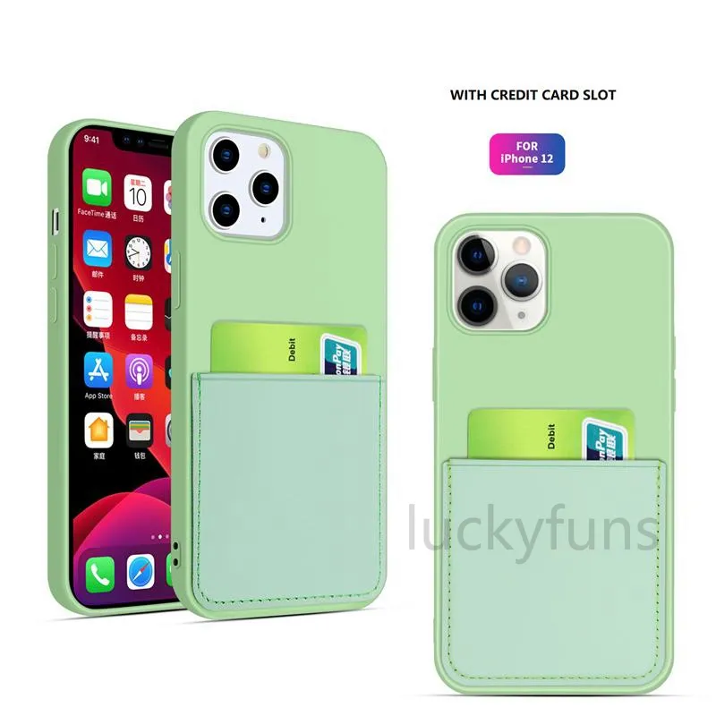 Płynny Silicone Uchwyt Karta Kredytowa Portfel Telefon Przypadki do iPhone 12 Mini 11 Pro X XR XS Max SE 6 7 8 Plus Candy Color Shockproof Cover Torba