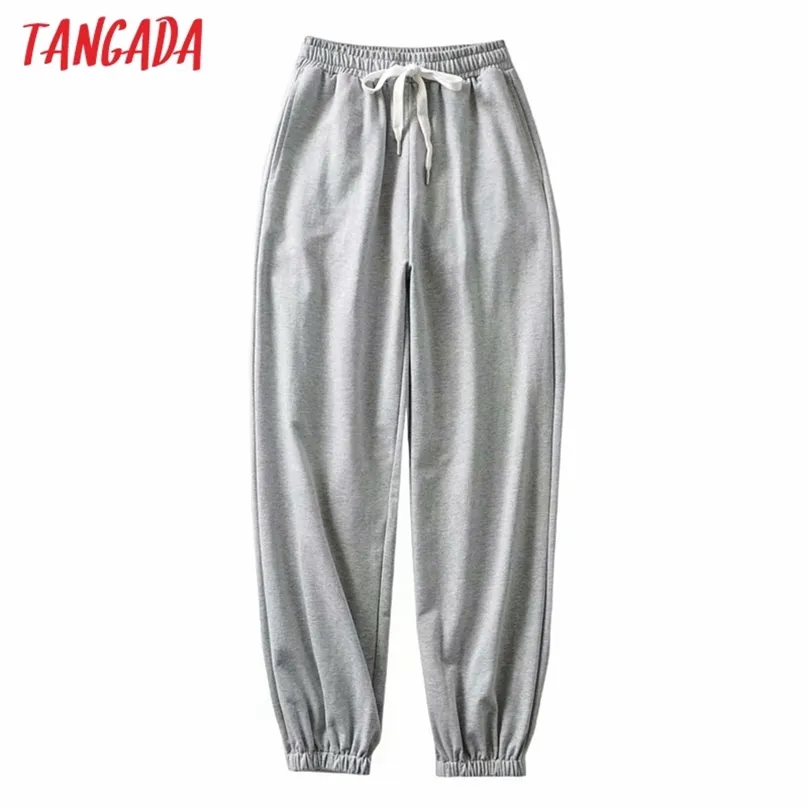 Tangada fashion women pants gray cargo strethy waist loose trousers joggers female sweat streetwear TM2 210925