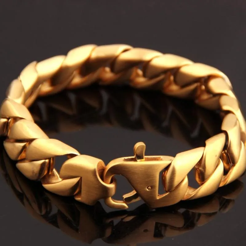 Link, Corrente de Corrente de Alto Polido Polido Masilver Cor / Cor de Ouro Gótico Aço Inoxidável Linked Furb Bracelet 15mm de largura