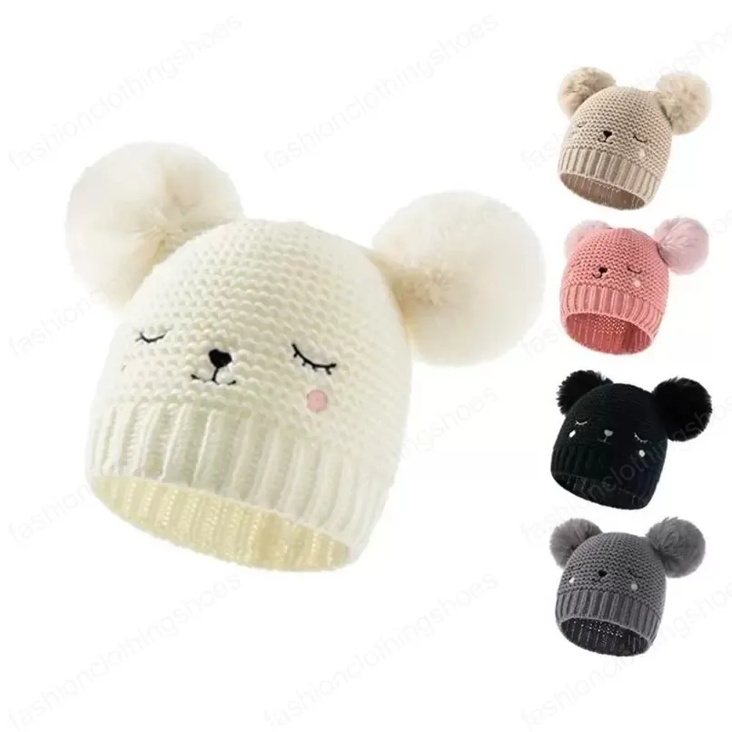 Outono inverno quente bebê recém-nascido bonito chapéu de malha cor sólida bola dupla bola acrílico bordado crochê chapéus outdoor kids beanie crânio tampão