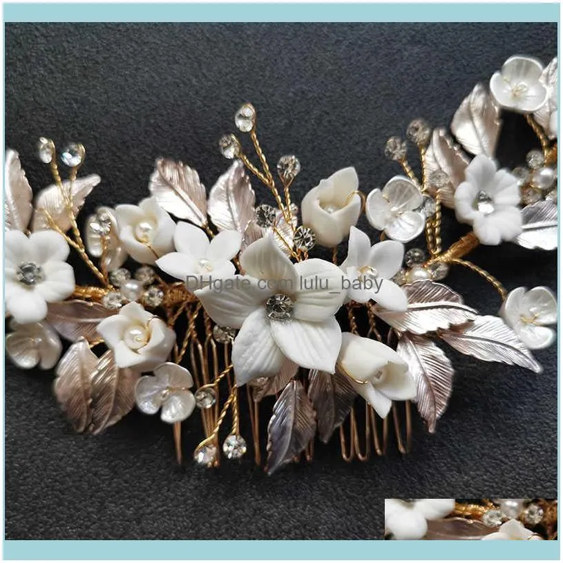 SLBRIDAL Handmade Crystal Rhinestone Pearls Ceramic Flower Bridal Comb Wedding Hair Accessories Bridesmaids Women Jewelry