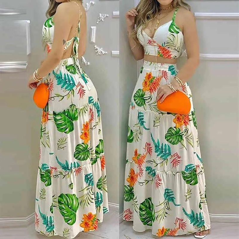 Summer Colorful Printed Skirt Set Suspender Top & Long Skirt Beach Holiday Style V-Neck Lace Up Women 2 Peice Set Dress Set 210521