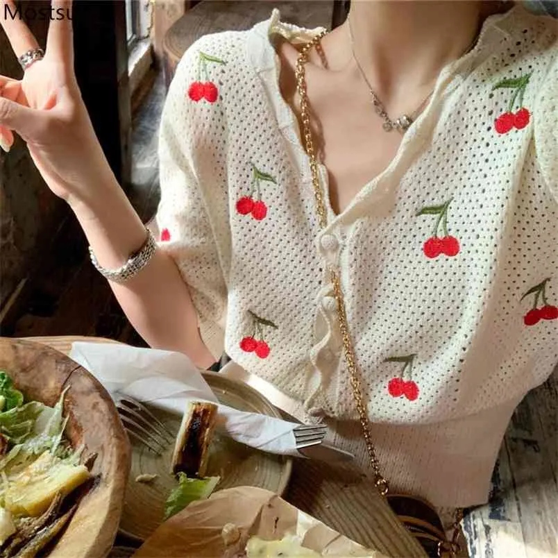 Summer Sweet Knitted Tops Women Elegant Embroidery Cherry Cardigan V-neck Short Sleeve Korean Coat 210513