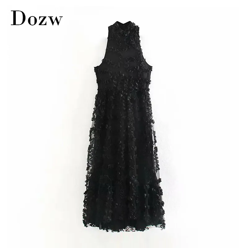 Zarif Kadın Kolsuz Çiçek Parti Elbise Dantel Mesh Standı Boyun Vintage Uzun Elbise Kadın Siyah Renk Moda Lady Maxi Elbiseler 210414