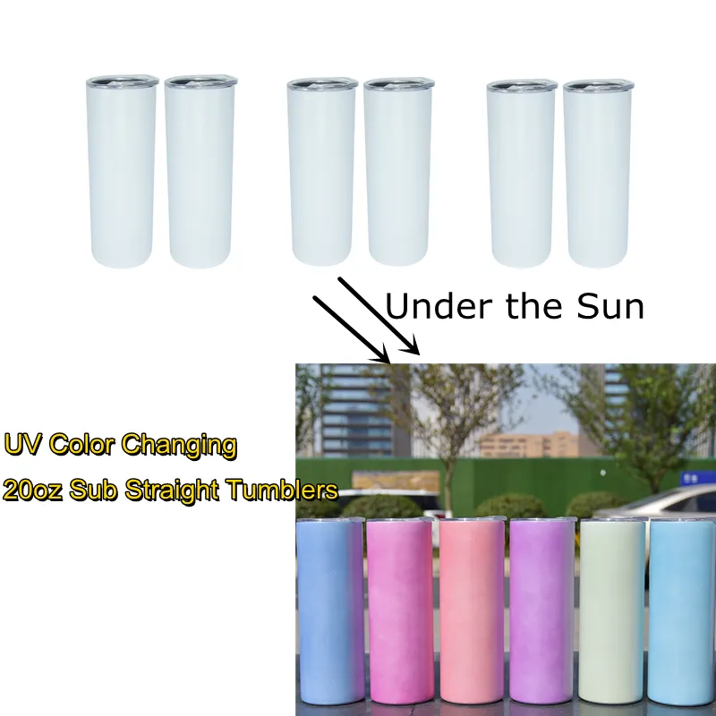 Wholesale 20oz Sublimation Straight Skinny Tumbler Sunlight Sensing Stainless Steel Insulated Vacuum UV Color Changing Tumblers with Lid Straw DIY Cutsom