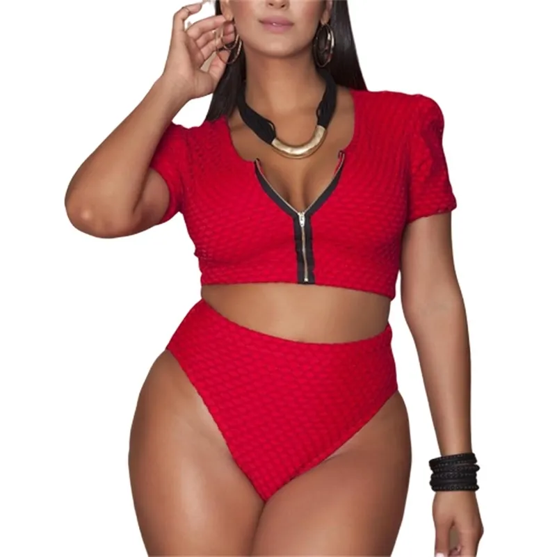 XL- Plus Size Bikini Set Pad Zipper Front Swimsuit Large Swimwear High Waist Monokini Female Short Sleeve Bathing Suit 210319