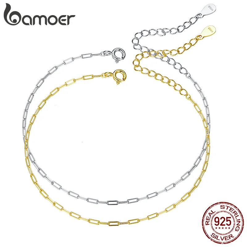 BAMOER Two Colors Real 925 Sterling Silver Simple Bracelet Gold Basic Cable Chain Hollow Link for Women Fashion Jewelry SCB221