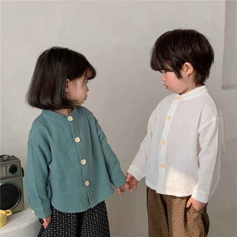 春の男の子のソリッドカラーシャツ韓国風赤ちゃん女の子コットンリネン長袖子供トップス服210615