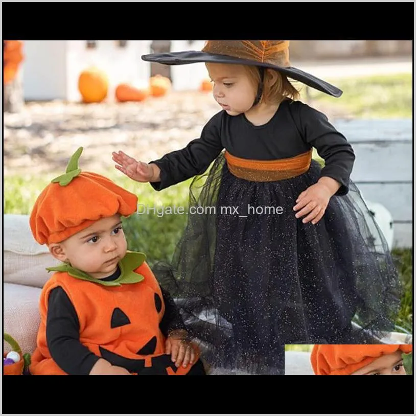 girls halloween printed dress sleeveless lantern dress cotton cartoon pumpkin printed dress kids girls solid hat outfits 0-3t 04