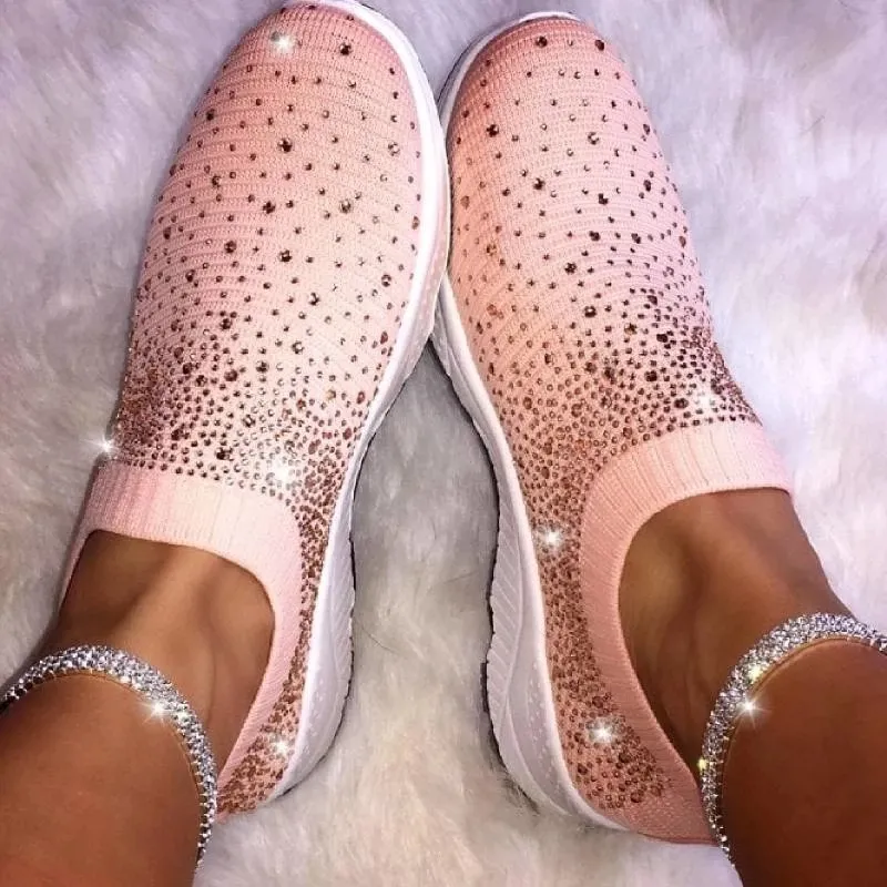 Dames Crystal Vulcanize Glanzende Bling Slip Sneakers Mode Sport Mesh Trainers Sok Schoenen Flats Zapatillas