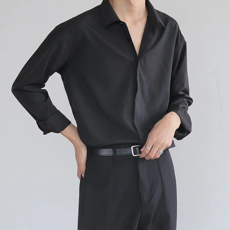 Chemises décontractées pour hommes Harajuku Chemise Noir Vert Blanc Boutonné Hommes Drapé Travail Top Jeune Tendance Automne Été Mode Vêtements249p
