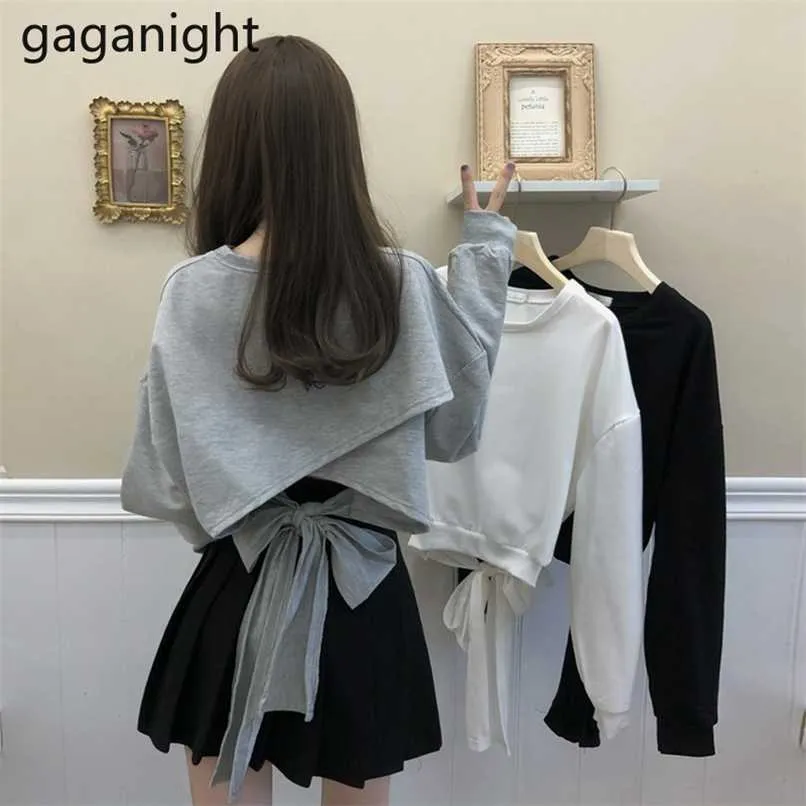 Gaganight Fashion Women Back Bow Jumper Sweet Lady Long Sleeve Hoodies Chic Korean Girls Sweatershirt Solid Crop Jumpers 211109