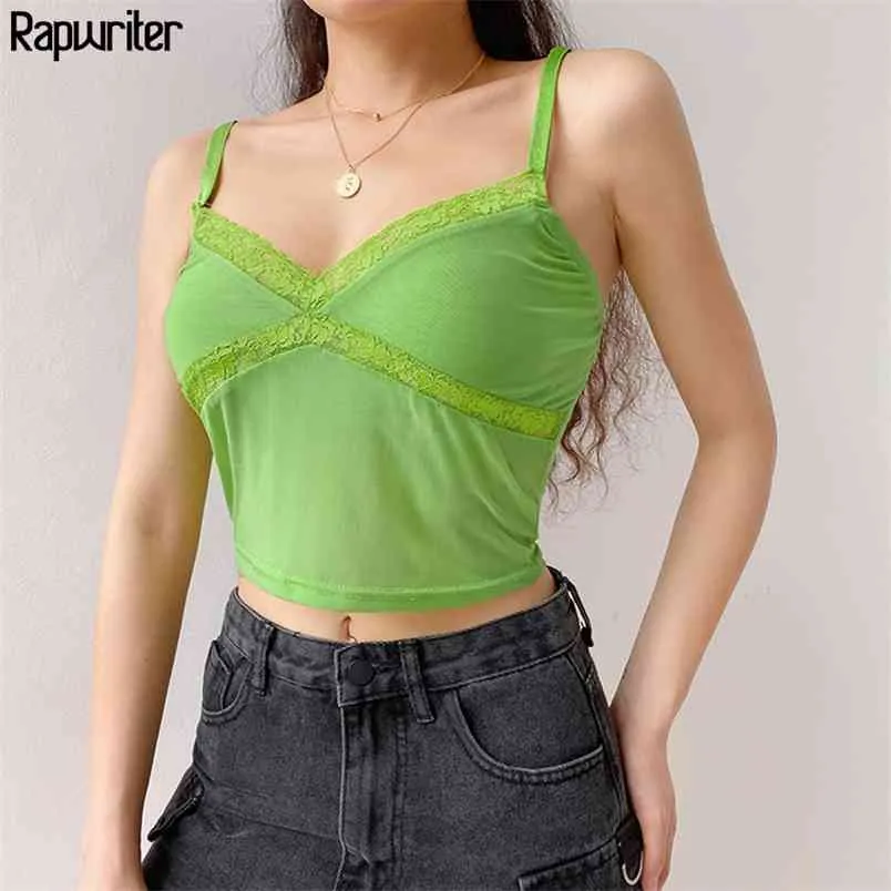 Streetwear Sommer Sexy Mesh Durchsichtig V-ausschnitt Strap Tank Top Frauen Backless Dünne Spitze Camis Ärmellose Mode 210510