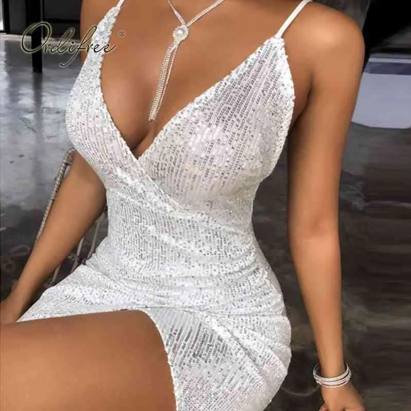 Summer Women Party Night Club Wear Silver Sequin Sexy Bodycon Mini Pencil Dress 210415