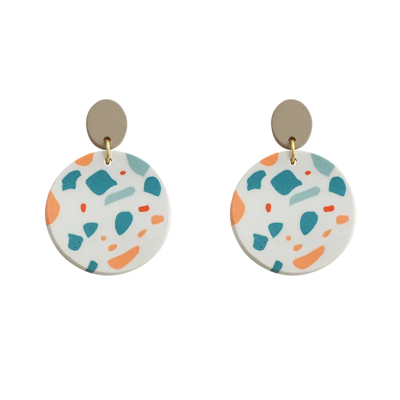 Multicolor Dot Geomtric Print Clay Drop Earrings for Women Sweet Unique White Round Pendant Polymer Dangle Earrings Jewelry