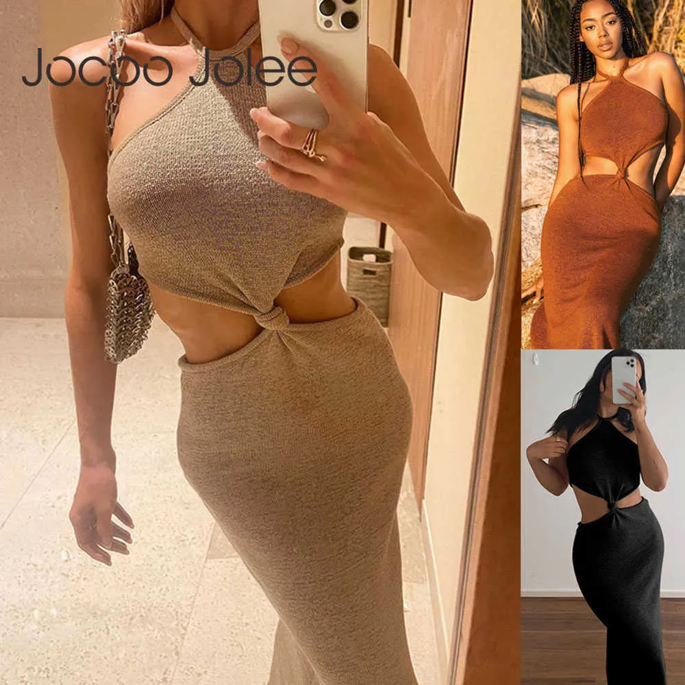 Women Sexy Halter Neck Off the Shoulder Bodycon Long Dress Elegant Hollow Out Backless Skinny Dress Y2K Vintage Knitted Dress 210619