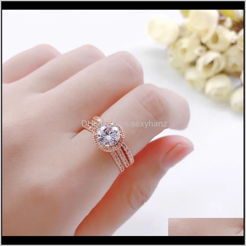 New Fashion Exquisite Rose Gold Color Three Pcs Crystal Finger Rings Set for Women Filled Zircon Wedding Party Jewelry ring 2020