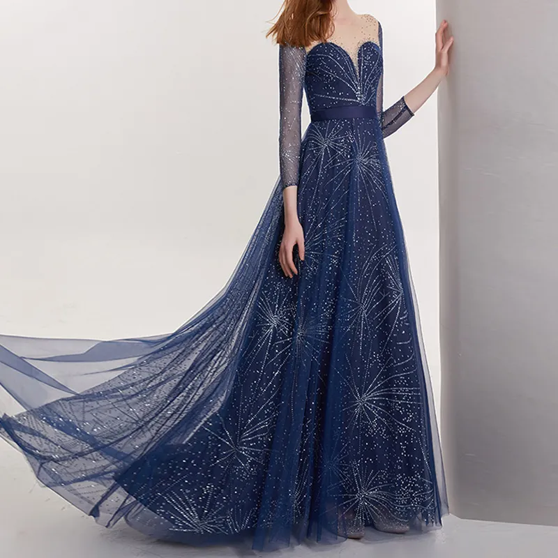 Stunning Navy Blue Evening Dress 3/4 Long Sleeves V and Zipper Back Sweep Train Prom Gowns Tulle with Beading