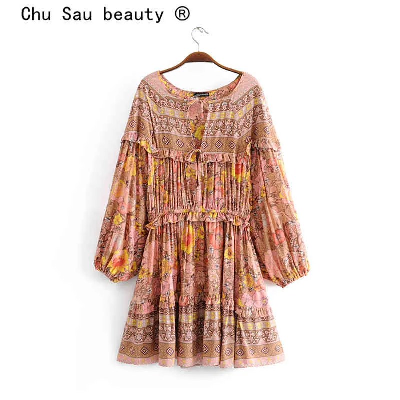 Mode Boho Floral Imprimer Robe Midi Femmes Plage O-Cou Robes À Manches Longues Femme Taille Élastique Vêtements De Vacances 210514