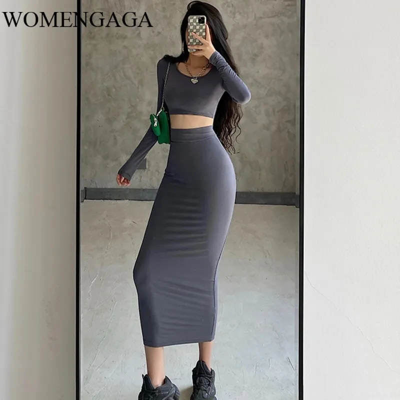 WOMENGAGA Sexy Tight Short Umbilical Full Sleeve T-shirt + High Waist Hip Slim Skirt Two-piece Set 64QI 210603